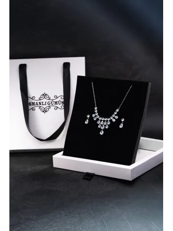 Kadın Bijuteri Kolye Küpe Set - Alegra Model Zirkon Taşlı Damla Motifli Zarif Su Yolu Set