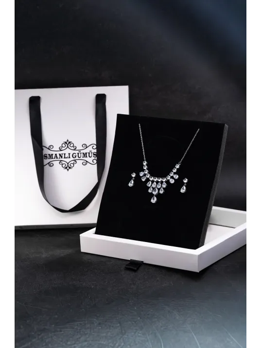 Kadın Bijuteri Kolye Küpe Set - Alegra Model Zirkon Taşlı Damla Motifli Zarif Su Yolu Set