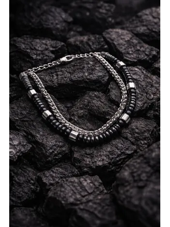 Erkek Çelik Bileklik - Çift Sıra Yuvarlak Kral Zincir Doğal Hematit Taşlı Bileklik Erkek Çelik Bileklik - Çift Sıra Yuvarlak Kral Zincir Doğal Hematit Taşlı Bileklik