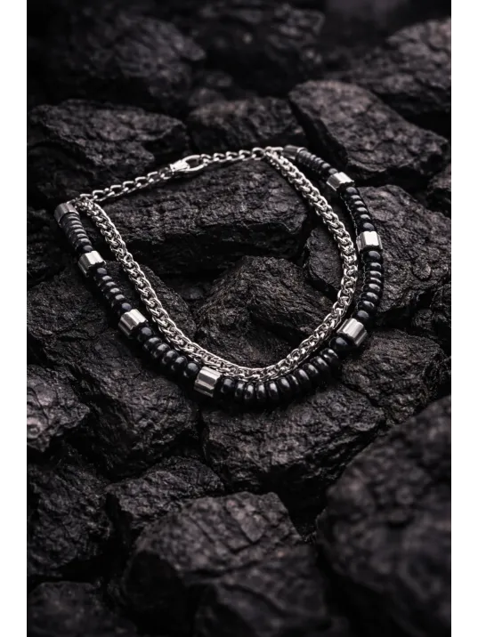 Erkek Çelik Bileklik - Çift Sıra Yuvarlak Kral Zincir Doğal Hematit Taşlı Bileklik