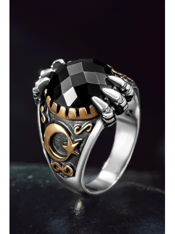 Erkek Gümüş Yüzük - Siyah Zirkon Taşlı Yanı Ay Yıldız İşlemeli Erkek Yüzük Erkek Gümüş Yüzük - Siyah Zirkon Taşlı Yanı Ay Yıldız İşlemeli Erkek Yüzük