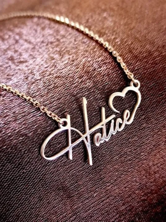 Kişiye Özel Kalp İmza İsim Yazılan Rose Renk Bayan Gümüş Kolye Zincir GKLROSISIMK