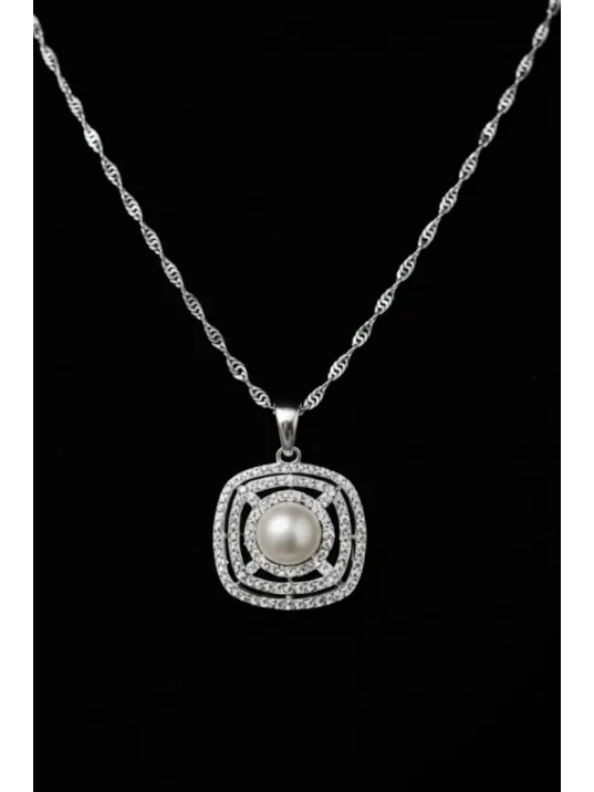 Kadın Gümüş Kolye Yüzük Küpe Set - Kare Model İnci Detaylı Kadın Gümüş Set