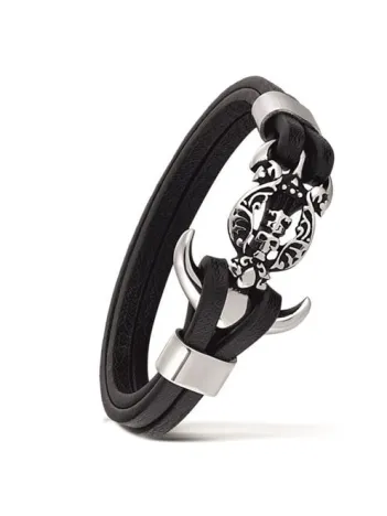 Unisex Çelik Ve Deri Bilekli Kurukafa Ve Çapa Figürlü