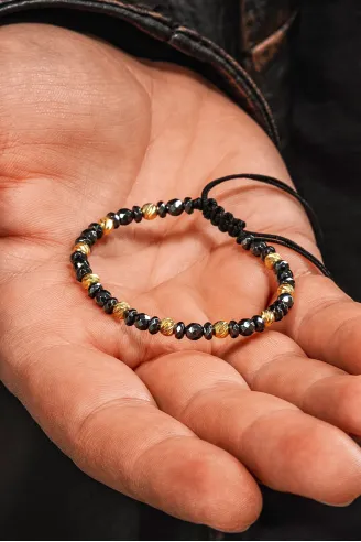 Kadın Erkek Gümüş Bileklik - Hematit Taşlı Gümüş Detaylı İnce Kibar Erkek Kadın Bileklik