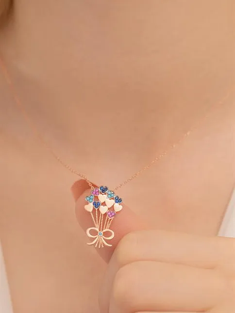 Kalpli Çiçek Buketi Rose Bayan Gümüş Kolye