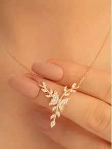 Kadın Gümüş Kolye - Rose Altın Kaplama Zirkon Taşlı Kelebek Motifli Gümüş Kolye