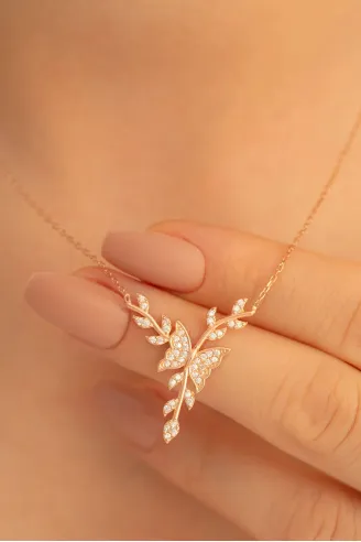 Kadın Gümüş Kolye - Rose Altın Kaplama Zirkon Taşlı Kelebek Motifli Gümüş Kolye