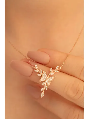 Kadın Gümüş Kolye - Rose Altın Kaplama Zirkon Taşlı Kelebek Motifli Gümüş Kolye