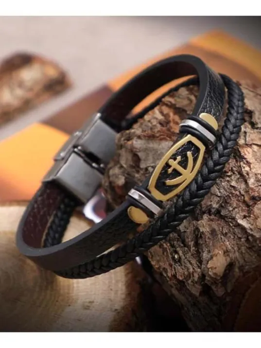 Erkek Deri Bileklik - Çapa Motifli Altın Kaplama Çift Sıra Deri Bileklik