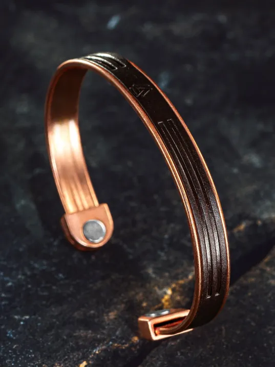 Erkek Kadın Bakır Bileklik - Hakiki Deri Viking İskandinav Mıknatıslı Metal Kutu Ve Doğal Taşlar