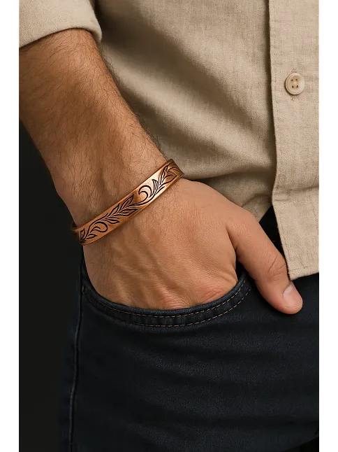 Kadın Bakır Bileklik - Yaprak Model Kadın Bakır Kelepçe Bilezik Metal Kutu ve Doğal Taşlar