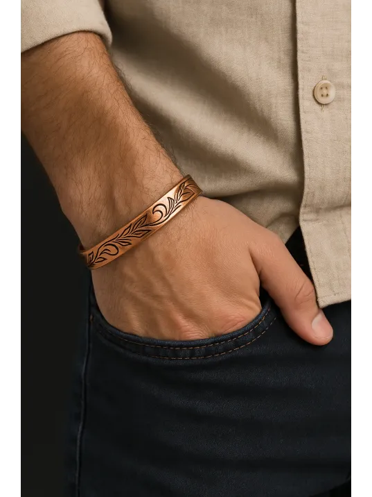 Kadın Bakır Bileklik - Yaprak Model Kadın Bakır Kelepçe Bilezik Metal Kutu ve Doğal Taşlar