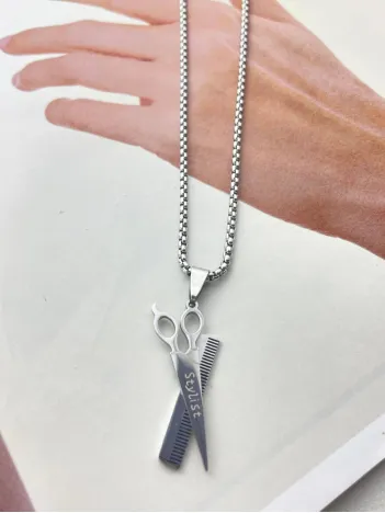 Erkek Çelik Kolye - Polo Zincirli Berberlere Özel Makas Ve Tarak Model Erkek Kolye