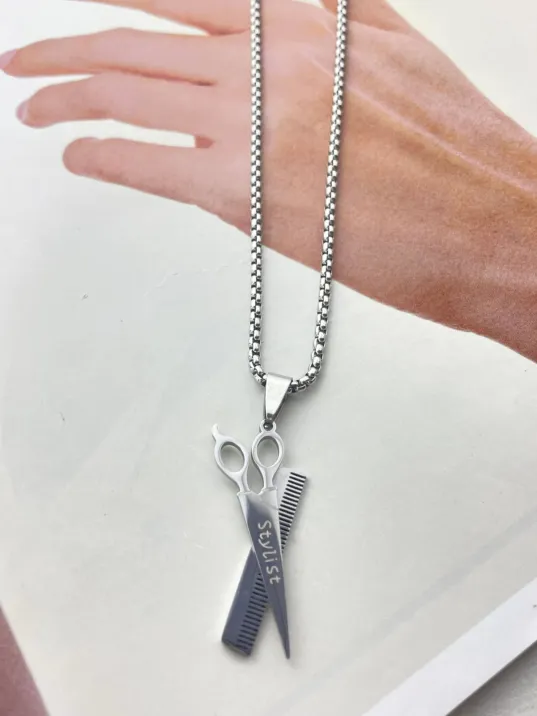 Erkek Çelik Kolye - Polo Zincirli Berberlere Özel Makas Ve Tarak Model Erkek Kolye