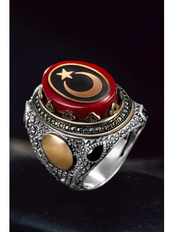 Erkek Gümüş Yüzük - Harf Yazılabilir Kehribar Taşı Ay Yıldız İşlemeli Erkek Yüzük