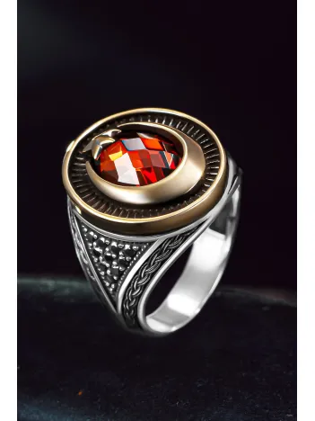 Erkek Gümüş Yüzük - Kırmızı Zirkon Taşlı Ay Yıldız Motifli Erkek Yüzük Erkek Gümüş Yüzük - Kırmızı Zirkon Taşlı Ay Yıldız Motifli Erkek Yüzük