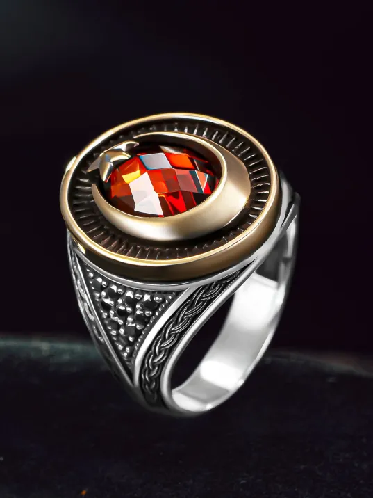 Erkek Gümüş Yüzük - Kırmızı Zirkon Taşlı Ay Yıldız Motifli Erkek Yüzük