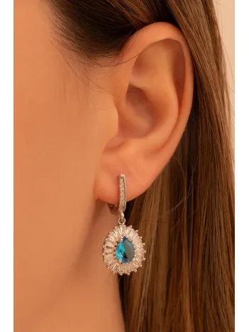 Kadın Gümüş Küpe - Damla Model Mavi Topaz Taşlı Baget Süslemeli Rodyumlu Kadın Küpe