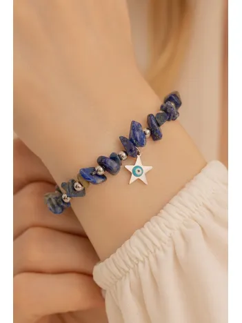 Doğal Taşlı Kadın Bileklik - Doğal Lapis Taşlı Kadın Çelik Kadın Bileklik Siyah Yıldız Ve Nazarlık