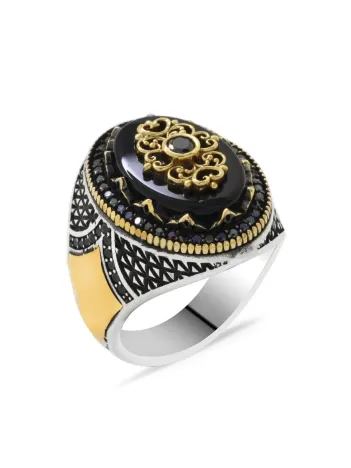 Erkek Gümüş Yüzük - Oniks Taşlı Mikro Zirkon Taş Mıhlamalı 925 Ayar Gümüş Erkek Yüzük Erkek Gümüş Yüzük - Oniks Taşlı Mikro Zirkon Taş Mıhlamalı 925 Ayar Gümüş Erkek Yüzük