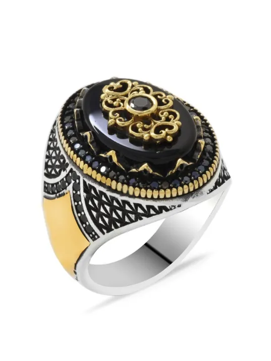 Erkek Gümüş Yüzük - Oniks Taşlı Mikro Zirkon Taş Mıhlamalı 925 Ayar Gümüş Erkek Yüzük