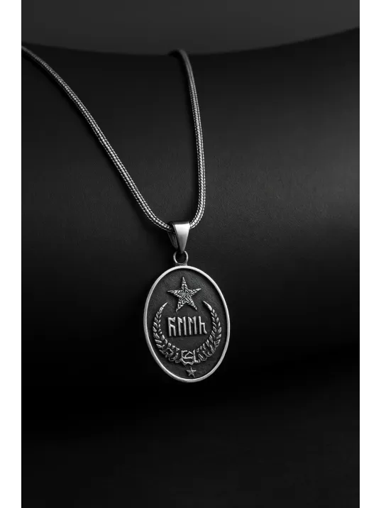 Erkek Gümüş Kolye - Oval Göktürkçe Türk Yazılı Ayyıldız Model Gümüş Erkek Kolye