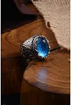 Blue Topaz Aqua Marin Taşlı Yanı İşlemeli Erkek Gümüş Yüzük