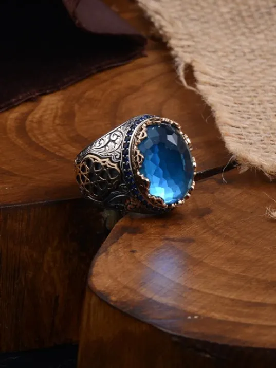 Blue Topaz Aqua Marin Taşlı Yanı İşlemeli Erkek Gümüş Yüzük