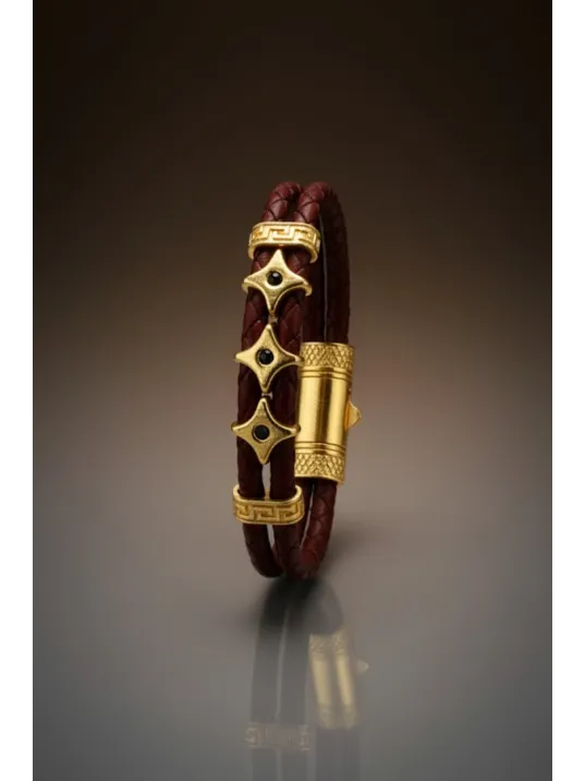Erkek Bijuteri Bordo Grek Desenli Üçlü Ninja Yıldız Motifli Deri Bileklik