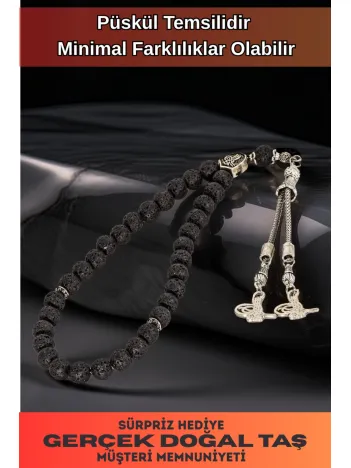 Erkek Doğal Taş Tespih - Doğal Siyah Lav Taşlı Ortaboy Tesbih