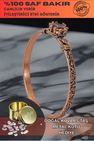 Kadın Bakır Bileklik - Zultanit Taşı Ağaç Kabuğu Model İnce Metal Kutu Kuvars Taşlı Bilezik