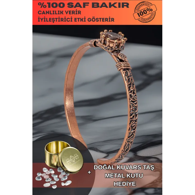 Kadın Bakır Bileklik - Zultanit Taşı Ağaç Kabuğu Model İnce Metal Kutu Kuvars Taşlı Bilezik
