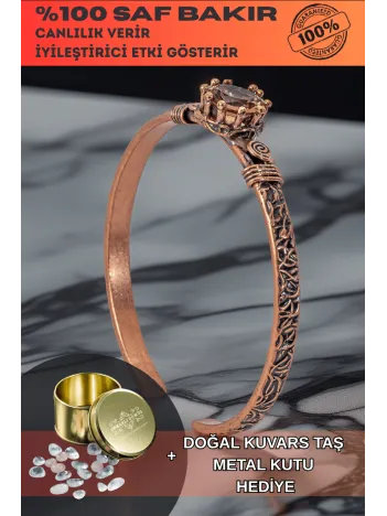 Kadın Bakır Bileklik - Zultanit Taşı Ağaç Kabuğu Model İnce Metal Kutu Kuvars Taşlı Bilezik