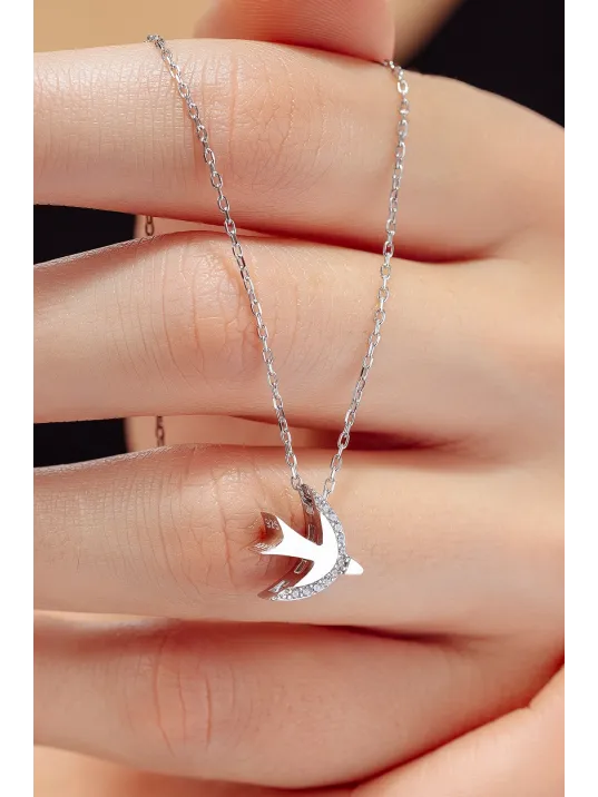 Kadın Gümüş Kolye - Swarovski Taşlı Zirconia Ay Motifli Kuş Kadın Kolye