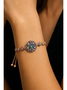 Kadın Gümüş Bileklik - Çok Renkli Doğal Taş Yuvarlak Rose Gold Kaplama Bilezik