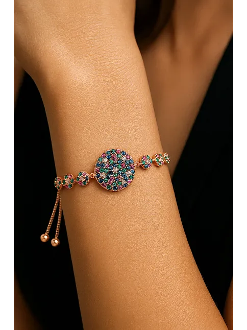 Kadın Gümüş Bileklik - Çok Renkli Doğal Taş Yuvarlak Rose Gold Kaplama Bilezik