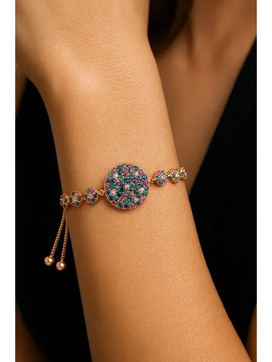 Kadın Gümüş Bileklik - Çok Renkli Doğal Taş Yuvarlak Rose Gold Kaplama Bilezik