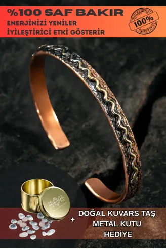 Copper Wave Bakır Kelepçe Bilezik Erkek Kadın Kuvars Taşı ve Metal Kutulu