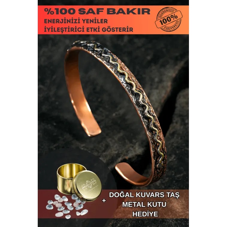 Copper Wave Bakır Kelepçe Bilezik Erkek Kadın Kuvars Taşı ve Metal Kutulu