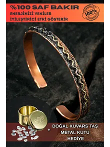 Copper Wave Bakır Kelepçe Bilezik Erkek Kadın Doğal Taşı ve Metal Kutulu