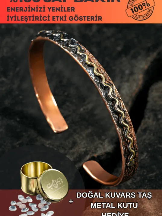 Copper Wave Bakır Kelepçe Bilezik Erkek Kadın Doğal Taşı ve Metal Kutulu Copper Wave Bakır Kelepçe Bilezik Erkek Kadın Doğal Taşı ve Metal Kutulu