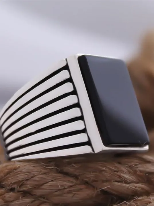 Siyah Oniks Taşlı Sade Özel Seri Erkek Gümüş Yüzük