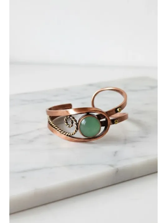 Kadın Bakır Bileklik - Aventurin Taşı Burgu Model Kadın Bilezik Metal Kutu ve Doğal Taşlar