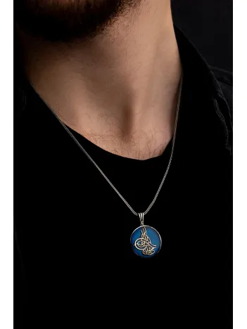 Erkek Gümüş Kolye - Osmanlı Tuğrası İşlemeli Mavi Renkli Gümüş Kolye