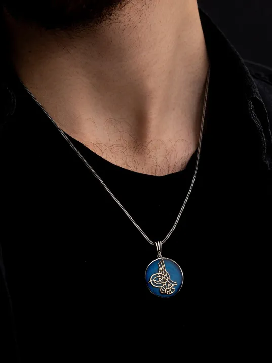 Erkek Gümüş Kolye - Osmanlı Tuğrası İşlemeli Mavi Renkli Gümüş Kolye