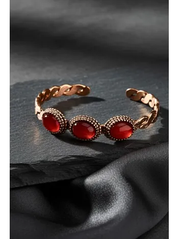 Kadın Bakır Bileklik - Örgü Model 3lü Kırmızı Akik Taşlı Bakır Bilezik