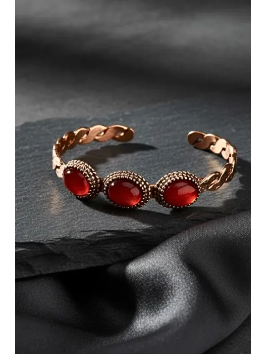 Kadın Bakır Bileklik - Örgü Model 3lü Kırmızı Akik Taşlı Bakır Bilezik
