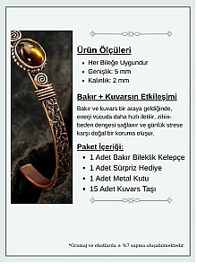 Bakır Kelepçe Bilezik Kaplan Gözü Doğal Taş Erkek Kadın Doğal Taşlar ve Metal Kutulu