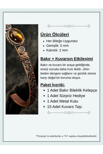 Bakır Kelepçe Bilezik Kaplan Gözü Doğal Taş Erkek Kadın Doğal Taşlar ve Metal Kutulu
